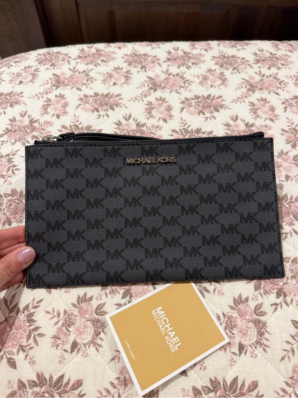 Michael Kors Black Logo Zip Pouch with Silver Hardware